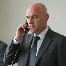 film still of mark strong, bald, taking on a phonecall, wearing suit, realistic proportions, ink, black and white, illustration, cinematic composition, lineart, clean lines, sean phillips