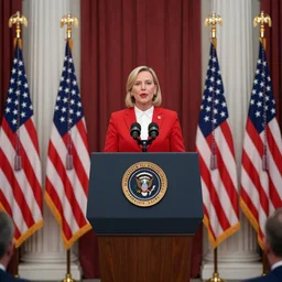 red forman as the president of the United States giving a speech behind the presidential podium, realistic, unreal, cinematic