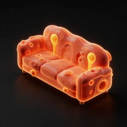 black background with an isometric red orange yellow neon sofa with an organic design based on alien bioluminescent nature aesthetic, maximalist, full of plants and glowy crystals, an asset for a mobile game. low poly full black background behance masterpiece