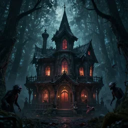 the scariest witches house surrounded by horror creatures in the scariest dark forest, epic scene, dark, scary, horror, frightening, fantasy, cinematic, redshift render, cgi, hyper - detailed, photo - bash, 8 k post - production, masterpiece