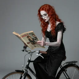 a late 1 8 th century vampire woman, skinny, pale skin, with red hair and glasses reading a magazine about bicycles, studio photography, 8 k