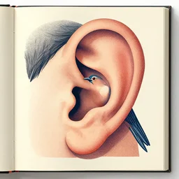 stipple shaded illustration of a human ear and a bird looking inside, by ilya kuvshinov, anatomy book, retro flat colors, retrofuturism