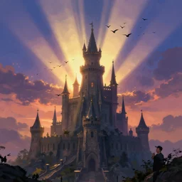 a beautiful fantasy landscape, medieval tower, majestic, god rays, silhouette of a flock of birds in the sky, extremely detailed digital painting, in the style of fenghua zhong and ruan jia and jeremy lipking and peter mohrbacher, mystical colors, rim light, beautiful lighting, 8 k, stunning scene, raytracing, octane, trending on artstation