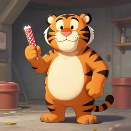 Tony the Tiger holding a candybar in a basement, Digital art