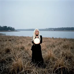 an extreme wide shot of a lady gaga holding a glowing white orb standing in a field of dead grass next to a lake, wide angle, in the distance, far away, vintage photo, film grain, cold weather