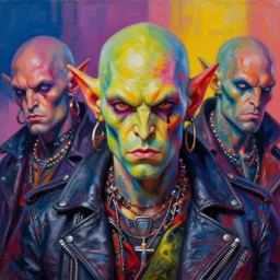a portrait of apocalyptic scifi orcish biker characters, psychedelic vibrant colors, futuristic punk rock fashion, oil painting by michael whelan art, sharp focus, perfect face, detailed eyes, realistic, leather jacket, 8 k