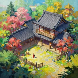 A vibrantly colored fantasy painting of a small courtyard at a Japanese wizardc college, by greg rutkowski, trending on artstation, highly detailed matte painting,