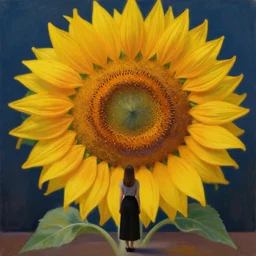 closeup, giant sunflower head, woman standing in a room, surreal, dramatic light, impressionist painting, digital painting, artstation, georgia o'keeffe