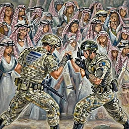 depiction of the duel Navy SEAL and Arab , girls in the background by frank miller, illustration by Ruan Jia and Mandy Jurgens and William-Adolphe Bouguereau, Artgerm, 4k, digital art, surreal, space dandy style, highly detailed, godsend, artstation, digital painting, concept art, smooth, sharp focus, illustration by Ruan Jia and Mandy Jurgens and William-Adolphe Bouguereau,
