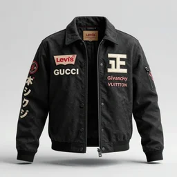 a jacket jeans product concept, japanese words on jacket, japanese vibes, black colour jacket, jacket street style, popular jacket, levis, gucci, louis vuitton, givanchy, cinematic lighting, unreal engine 5, high render, high detail, octane render, studio photo, 3 d mockup