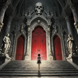 The entrance to an imposing and magnificent bone palace, grey black white red colors, skinny girl walking up the stairs, Beautiful architecture, Stairway, Massive decorated doors, Statues, Atmosphere, Dramatic lighting, Epic composition, Wide angle, junji Ito, by Miyazaki, Nausicaa Ghibli, Breath of The Wild