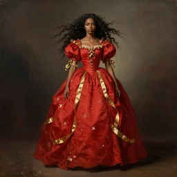 a brown skinned queen with long dark curly hair and a red dress, windy, golden ribbons, stars, stoic, modern maximalist fashion dress, hyperdetailed, dramatic, epic painting, painted by jean honore fragonard and greg rutkowski, full body, octane render, sharpness, 8 k, golden ratio