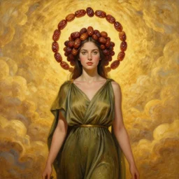 epic painting portrait photography beautiful goddess wearing olive dress with golden glow background, drawing, intricate, sweet dried date fruits circle halo above head, symmetrical front, by amy leibowitz, wlop, jeremy lipkin, beeple, intricate, artgerm, ilya kuvshinov, golden clouds background, centered