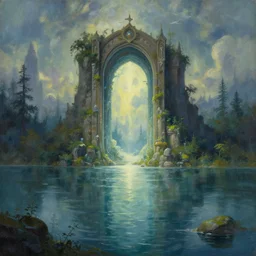 a painting of a magical portal to another world in the middle of a lake, a detailed matte painting by tyler edlin, pixiv contest winner, fantasy art, concept art, trending on artstation hq