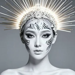 absurdly beautiful, fashionable young woman with clear white skin and symmetrical tribal makeup, wearing an intricate headdress made fromlight rays, wearing large earrings made from lasers, background in the fourth dimension, psychedellic fractals, ayahausca, tryptamine, hyperdetailed illustration by irakli nadar and alexandre ferra, intricate linework, unreal engine 5 highly rendered, global illumination, radiant light, detailed and intricate environment