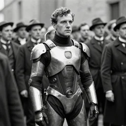 a time traveler dressed in a futuristic experimental suit, among a crowd. in a black and white historical picture from 1 9 2 0,