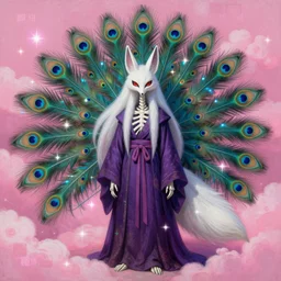 painting of a skeletal kitsune, long white fox ears, mage clothes inspired by a demonic peacock, 9 brilliant peacock tails that shimmer like crow feathers and rainbow oil, painted by a master artist, sparkles, pink cloud background, vhs effects, dnd beyond, fae, neon, photo realistic, renaissance, trending on art station