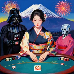 hyperrealistic composition of the detailed woman in a japanese kimono with a c 3 p 0 robot head sitting at a extremely detailed poker table with darth vader, fireworks, mountain fuji on the background, pop - art style, jacky tsai style, andy warhol style, acrylic on canvas