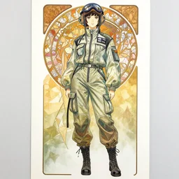 a copic maker full body art nouveau manga portrait by yoshiyuki sadamoto, alphons mucha, norman rockwell of an anime girl very detailed features wearing a pilot suit cargo streetwear - lots of zippers, pockets, synthetic materials, chic'techno fashion trend by issey miyake and balenciaga 8 k