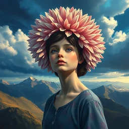 giant dahlia flower crown under head, portrait girl on mountain, surreal photography, blue storm clouds, dramatic light, impressionist painting, digital painting, artstation, simon stalenhag