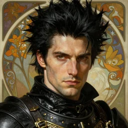 realistic detailed face portrait of a rugged handsome king with spiky black hair and black leather armor by alphonse mucha, ayami kojima, amano, greg hildebrandt, and mark brooks, male, masculine, art nouveau, neo - gothic, gothic, character concept design
