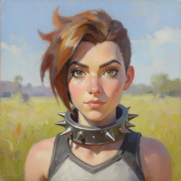 oil painting of tracer overwatch in a field wearing spiked collar around neck, in style of peter kemp, expressive face, wearing choker with spikes, steel collar, detailed face, detailed eyes, full body, feminine face, tracer overwatch,