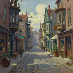 a beautiful oil painting of a steampunk city cobblestone streets, painted by Edward Hopper, colorful, 4k,Trending on artstation
