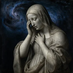 a veiled woman made of stone crying in a nebula, by Jan van Eyck