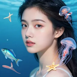 portrait of the gorgeous young goddess of the waters, unusually unique beauty, with swimming fish, small jellyfish, starfish, emotionally evoking symbolic metaphors, head in focus, fantasy, rococo ornamental, intricate, elegant, sensual, highly detailed digital painting, artstation, concept art, painterly, golden ratio, sharp focus, illustration, art by tomasz alen kopera and alphonse mucha and zdzisław beksinski,