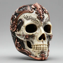 intricate death mask carved from ivory and black resin and copper, elaborate highly detailed design, octane render, substance painter materials, unreal engine 5 nanite, 8 k, cgsociety, artstation
