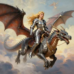 painting of a Beautiful Queen with long blonde hair wearing silver armor riding on a mighty dragon flying through the clouds Retro vintage. Rembrandt lighting , Julie Bell style ,digital art, trending on Artstation 4k