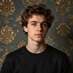 young man, background with wallpaper, art by jan van eyck