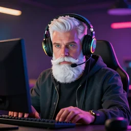 hipster wearing headset at computer, white-beard, epic action cinematic, 4k, hyper realistic, super detailed, colorful accents, golden ratio, symmetrical face, highly detailed professional photo, centered, rim lights, vray caustics, atmospheric