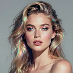 portrait of a woman inspired by lois van baarle, charlie bowater, illustration, iridescent, iridescent hair, face, hair styles, light makeup, glitter, self confidence, cinematic 8 k