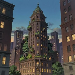 the city that never sleeps, mythology, fairy tale, urban landscape, evening, highly detailed, low angle view, studio ghibli, artstation