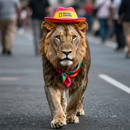A photograph of a lion wearing a brightly coloured hat and silk scarf, proudly walking down the street, national geographic photography, cinematic lighting