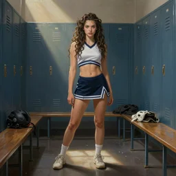 Gorgon Medusa is a teen cheerleader standing in a dimly lit locker room, full body, detailed painting, in the style of Jana Brike, beautiful composition, highly detailed painting, masterpiece, dramatic lighting, sunlight shaft in haze 8k