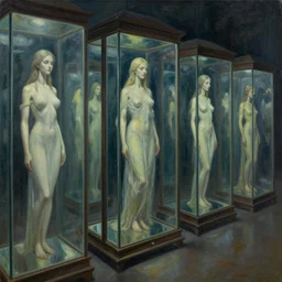 a row of glass cases with a goddess inside of it, oil on canvas concept art by giger, ron walotsky and jim burns, deviantart, pop surrealism, hall of mirrors, concept art, lovecraftian