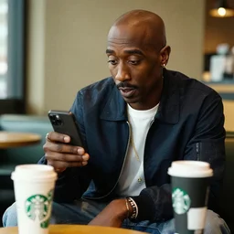 tupac sitting inside a starbucks, taking a picture of his drink cup with his iphone 1 2, black and white photo, real, photorealistic