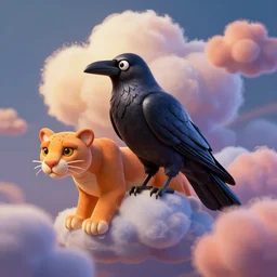 raven bird, puma puffy clouds, james jean style, vfx art, unreal engine render, claymation style, colourful, volumetric light, digital painting, digital illustration, dramatic light,
