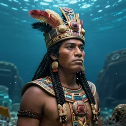 an indigenous king from the mayan culture that lives in atlantis, undersea, spectular lighting, volumetric light, sharp focus