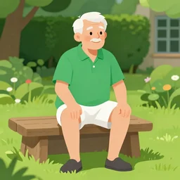 mid white hair old man with green shirt and white short, sitting in ile de re house garden