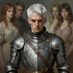 portrait painting of a cocky man with short white hair wearing grey pelt gambeson, in his late 2 0 s. ultra realistic, concept art, intricate details, eerie, highly detailed, photorealistic, octane render, 8 k, unreal engine. art by artgerm and greg rutkowski and charlie bowater and magali villeneuve and alphonse mucha