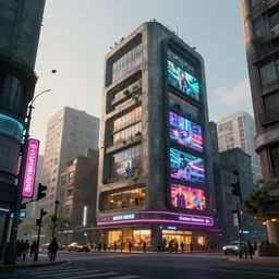 future suburban scene, brutalist architecture, straight edged buildings, neon glow street signs, detailed shop glowing windows, video screens on building, traffic lights, pedestrians, soft light, 8 k, dramatic composition, dramatic lighting, octane render, cryengine, by adrian ghenie and jenny saville and zhang jingna