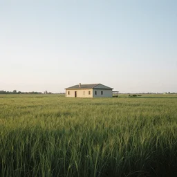 A serene landscape with a singular building in the style of Federico Pelat.