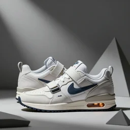 retro futuristic Nike air trainer sneakers with straps by syd mead, matte painting, geometric shapes