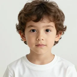 Close-up portrait of a young boy looking at the camera, The boy has brown and curled hair, his eyes are just two black dots. The boy is wearing a white pajamas with long sleeves. Dark bright effect. The background is dark and a beam of light illuminates the boy. By John Singer Sargent, Albert Bierstadt, Ernst Haeckel, James Jean. Emotional, cinematic atmospheric, moody atmosphere, oil on canvas, artstation