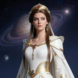 portrait of the powerful empress of the solar system in the style of ian mcque and in the style of finnian macmanus. glowing, ornate and intricate linework, stunning, dynamic lighting, ultrafine and hyperdetailed.