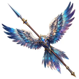 medieval weapon, long spear made of feathered wings, prismatic, multi colored feathers, anime style, white background