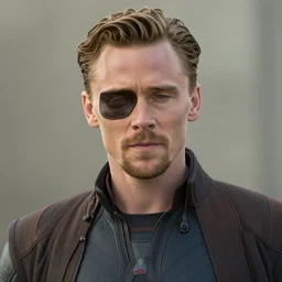film still of Tom Hiddleston as Nick Fury with leather patch over one eye in Avengers